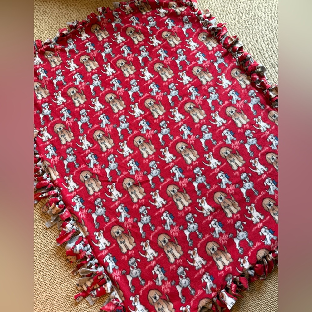 red and grey dog printed fleece tie blanket!
